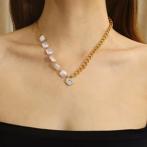 Conjunto De Joyas Colgante De Corazón Acero Inoxidable Diamantes De Imitación Perla Artificial Collar Pendientes De Aro Mujer