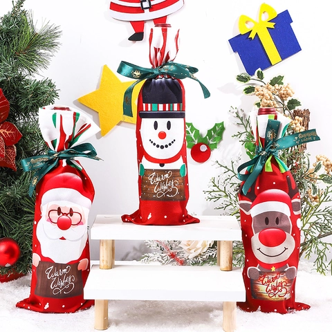 Copribottiglia Di Vino Di Natale Tessuto Cartone Animato Babbo Natale Pupazzo Di Neve Renna Stampato Decorazione Tavola Sacchetto Regalo