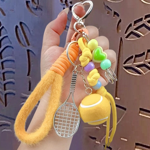 Portachiavi Palla Racchetta Da Tennis Metallo Feltro Mini Sport Charm Borsa Corda Intrecciata Moschettone Cuore Colorato