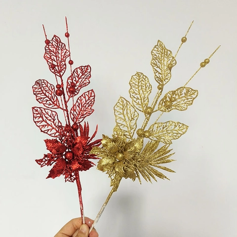 Christmas Artificial Glitter Flower Branch Hollow Leaf Berries DIY Xmas Tree Insert Holiday Party Decoration