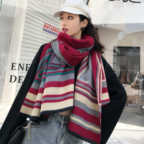 Sciarpa Donna a Righe Color Block in Imitazione Cashmere Scialle Invernale Con Frange Calda Morbida Elegante Avvolgente