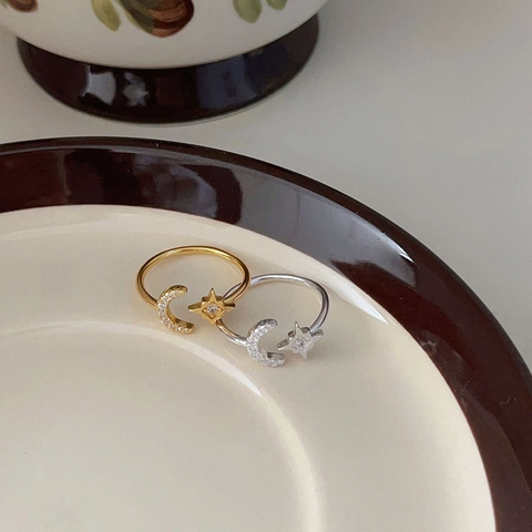 Anillo Abierto De Estrella Luna En Plata De Ley 925 Micro Pavé Zirconia Ajustable Joyería De Dedo Minimalista Mujeres