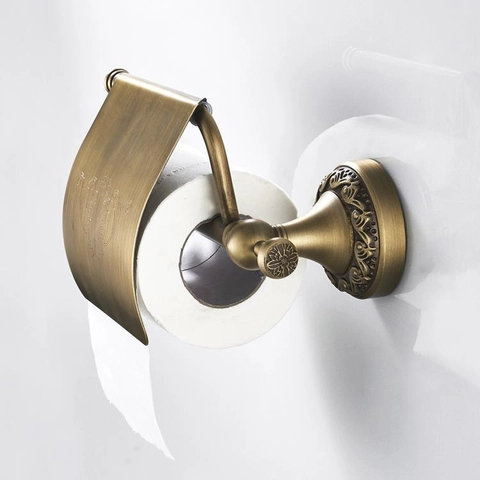 European Retro Brass Toilet Paper Holder Wall Mounted Carved Base Bathroom Paper Roll Rack With Cover Antique Copper
