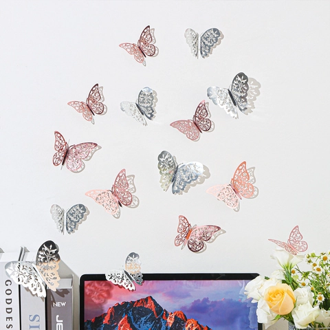 3D Hohl Schmetterling Wandaufkleber Metallic Papier DIY Dekorative Abnehmbare Abziehbilder Für Haus Hochzeit Party Weihnachten