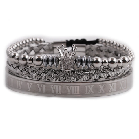 Herren Punk Römische Ziffern Manschette Und Krone Cubic Zirkonia Perlenarmband Edelstahl Kupfer Geflochtener Draht