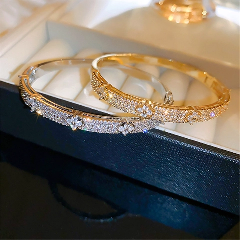 Bracciale Rigido Fiori Zircone Lega Rame Pavé Zirconia Trifoglio Gioielli Da Donna Elegante Moda Regalo