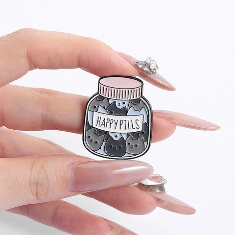 Pin's en Émail Chat de Dessin Animé Mignon Happy Pills Happiness Potion Broche en Alliage Amusante Pawsitive Vibes Only Badge de Revers