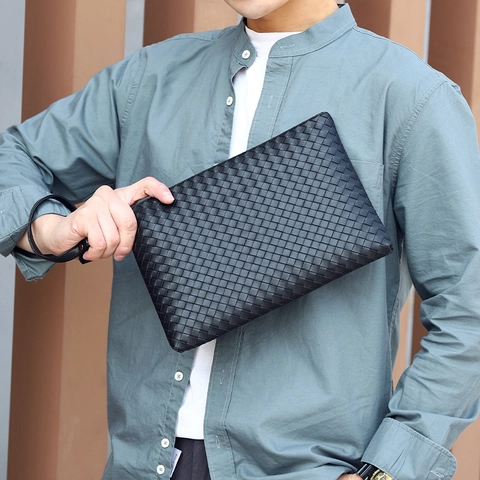 Men Clutch Bag Synthetic Leather Woven Texture Business Casual Handbag Zipper Wristlet Large Capacity