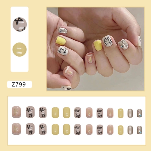 Press On Nails Short Square Yellow Hand Painted Star Bear Glitter Rhinestone Cute Sweet Fake Nails For Girls Women