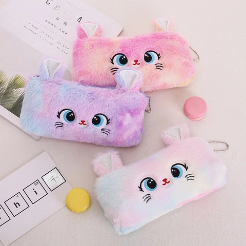 Cute Cat Plush Pencil Case Large Capacity Zippered Gradient Tie Dye Student Stationery Organizer For Girls