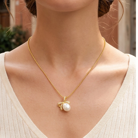 Süßwasserperlen Anhänger Halskette Schleife Strass Elegant Französischer Stil Vergoldete Kugelkette Schmuck Damen