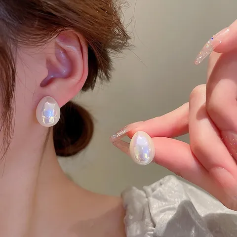 Teardrop Imitation Artificial Pearl Stud Earrings With Silver Earring Post Aurora Iridescent Luster Minimalist Jewelry For Women