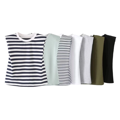 Women Cotton Sleeveless T-Shirt Round Neck Shoulder Pads Casual Street Style Muscle Tee Tank Top Solid Striped