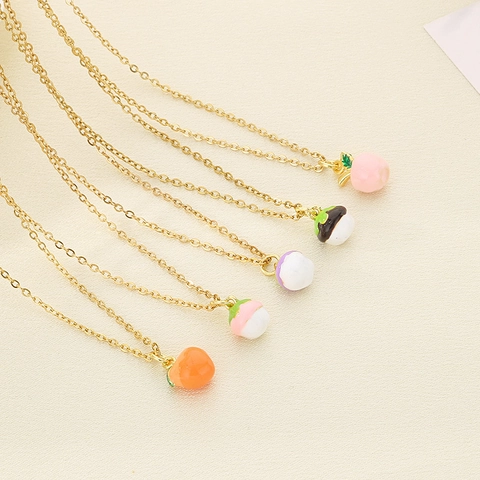 Collar Con Colgante De Fruta De Esmalte Colorido Para Mujer Cadena De Acero Inoxidable Joyería Dulce Manzana Melocotón