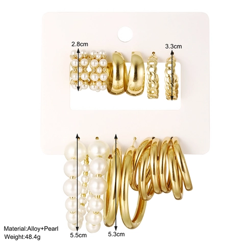 Vintage Oro Aleación Perla Artificial Pendientes de Aro Punk Cadena de Metal Geométricos Pendientes de Botón Mujer Joyería Regalo