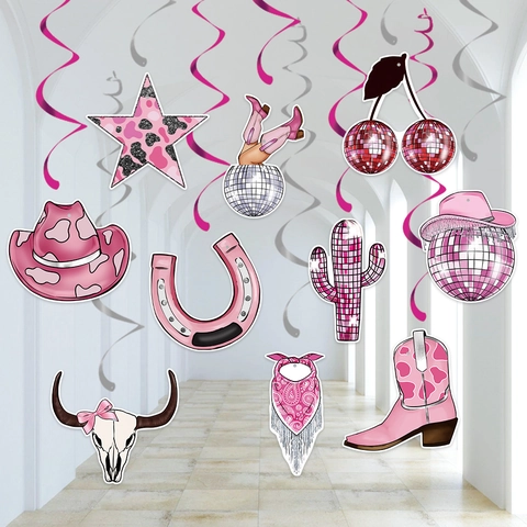 Decorazioni Per Feste Di Compleanno Cowboy Western Rosa Tema Disco Ball Spirali Sospese Cartone PVC