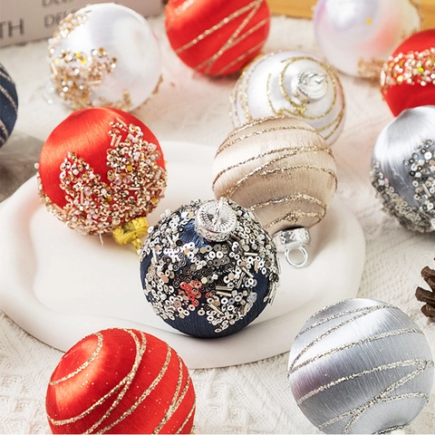Christmas Tree Ornaments Balls Satin Thread Texture Rhinestone Glitter Plastic Hanging Holiday Decorations