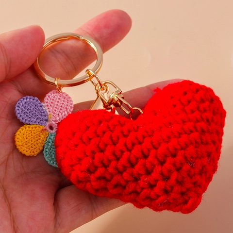 Porte-Clés Cœur Rouge Tricoté À La Main Avec Pendentif Fleur Colorée Crochet Accessoire Cadeau