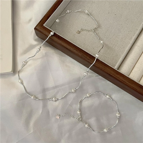 S925 Sterlingsilber Süßwasserperle Halskette Armband Retro Welle Schlüsselbeinkette Für Damen Handgefertigt Schmuck
