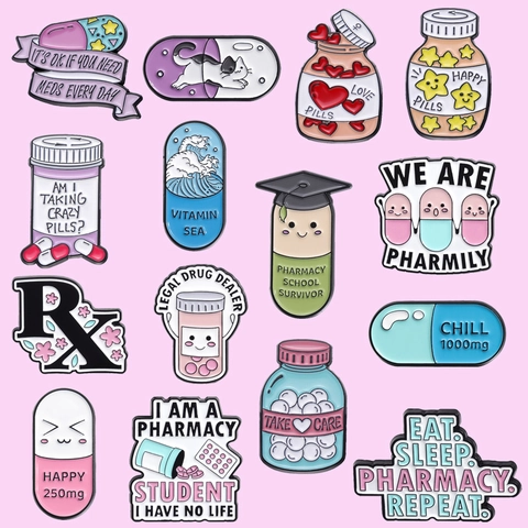 Creative Pharmacy Series Enamel Brooch Set Alloy Cartoon Pill Capsule Medicine Bottle Badge For Pharmacist Medical Student Gift Jewelry