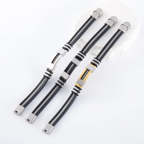 Pulsera Punk Hip Hop Para Hombre Con Acero Inoxidable 304 Y Silicona Cable Trenzado Geométrico Joyería