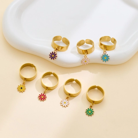 Anelli Aperti con Pendente a Margherita in Acciaio Inossidabile di Moda Anello a Fascia Larga con Ciondolo a Fiore in Smalto Regolabile per Gioielli da Donna Regalo