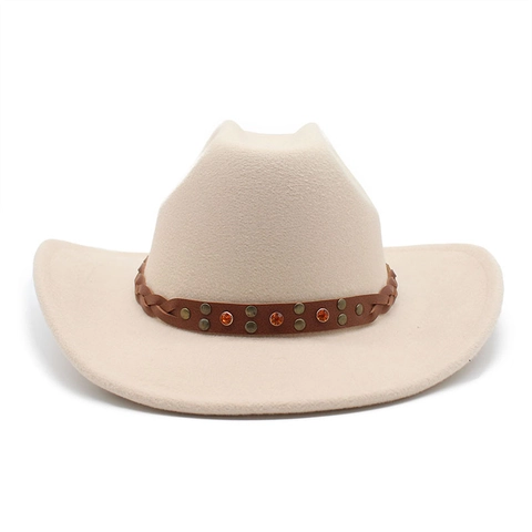 Cappello Da Cowboy Western Vintage Feltro Di Lana Tesa Larga Con Fascia In Pelle Rivetti Gemma Retro Unisex