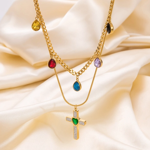 Roestvrij Stalen Strass Kruis Hanger Halsketting Dubbele Laag Goud Sint-Benedictusmedaille Choker Voor Dames Religieuze Sieraden