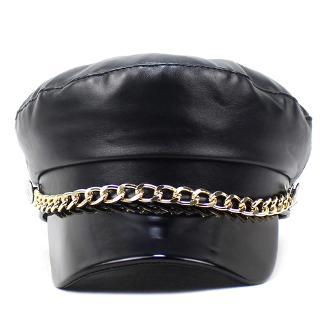 Schirmmütze Damen PU Leder Kapitänsmütze Mit Metallkette Modische Flat Top Barett Outdoor