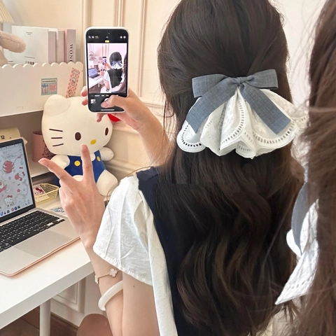 Pinza Para El Pelo Con Lazo Dulce Cinta De Gingham Bordado Encaje Estilo Coreano Retro Pasador De Resorte Para Mujer