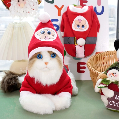 Sudadera con Capucha de Navidad para Perro y Gato Disfraz de Papá Noel Rojo Blanco Poliéster Punto Ropa de Invierno para Mascotas