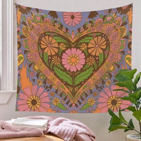 Tapiz De Pared Bohemio Retro Estampado Floral Corazón Poliéster Tela Colgante Decoración Dormitorio Sala Estilo Hippie Años 70