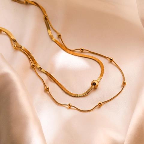 Collana A Doppio Strato In Acciaio Al Titanio Placcato Oro Catena A Serpente Con Perline Di Metallo Gioielli Minimalisti Per Donna