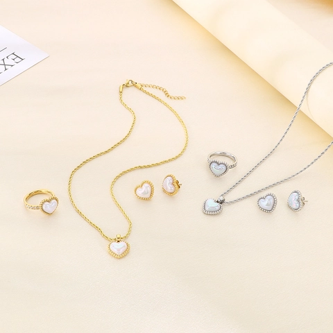 Heart Jewelry Necklace Earrings Ring Stainless Steel Shell Inlaid Rhinestone Twisted Chain Fashion Elegant Women