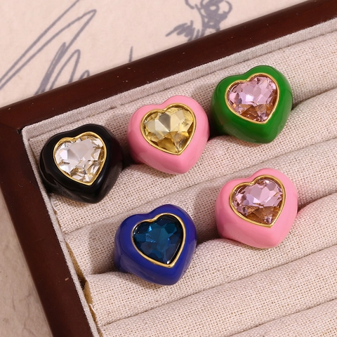 Edelstahl Emaille Herz Ring Für Damen 18K Vergoldet Strass Bunte Tropföl Klobige Statement Ring Valentinstag Schmuck Geschenk