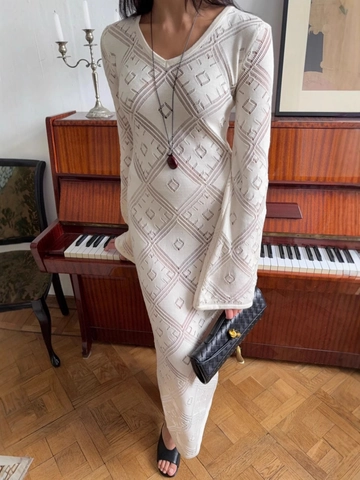 Vestito Lungo In Maglia Maniche Lunghe Scollo A V Jacquard Geometrico Aderente Elegante Da Donna