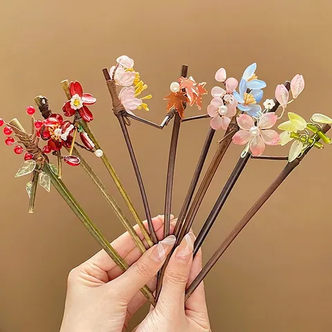 Palillo Para El Cabello Vintage Estilo Chino Flor Madera Aleación Horquilla Borla Perla Artificial Falsa Accesorio Retro Elegante