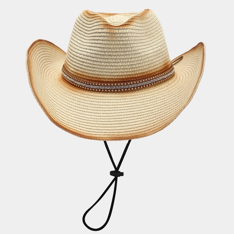 Chapeau De Cowboy En Paille Bord Large Protection Solaire Respirant Cordon Coupe-Vent Réglable Strass Rivet Ceinture Vintage