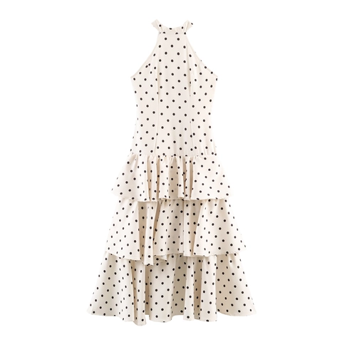 Abito Maxi Halter Senza Maniche A Pois Sexy A Balze Strati Gonna Torta Poliestere Schiena Scoperta Elegante Donna