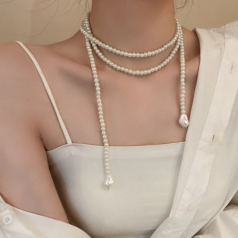 Long Artificial Pearl Necklace Layered Faux Artificial Pearl Baroque Pendant French Vintage Elegant Sweater Chain Jewelry For Women