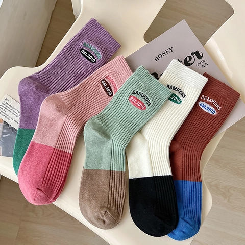 Calcetines Media Pantorrilla Mujer Algodón Peinado Acanalado Bloque De Color Estilo Slouchy Bordado De Letras Deportivo Casual