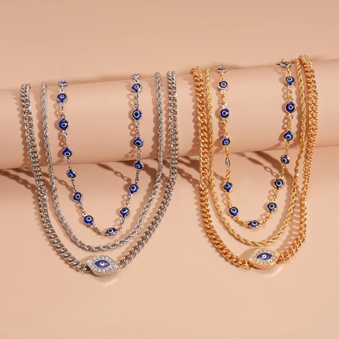 Evil Eye Mehrlagige Halskette Legierung Straßstein Blaue Perlen Panzerkette Kordelkette Retro Boho Schmuck Für Damen