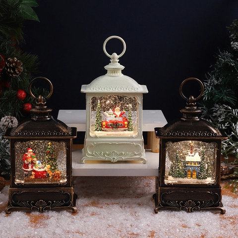 Lanterna Musicale Con Palla Di Neve Di Natale Con Luce LED Glitter Rotanti Babbo Natale Decorazione Natalizia Interni