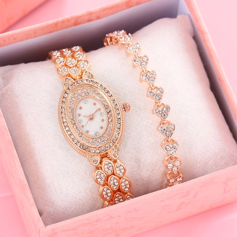 Elegantes Legierung Strass Damen Uhr Armband Set Edelstahl Schnalle Oval Quarzuhr Luxus Damen Geschenkbox Set