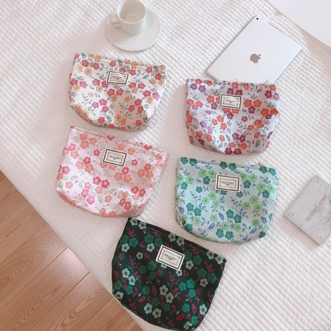 Floral Canvas Clutch Makeup Bag Vintage Literary Zipper Cosmetic Pouch For Women Travel Storage Handbag