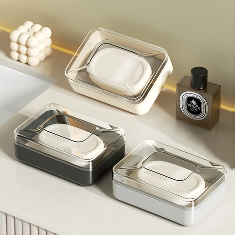 Lidded Soap Box PET Plastic Double Layer Drainage Waterproof Dustproof Bathroom Travel Countertop Case Modern Minimalist