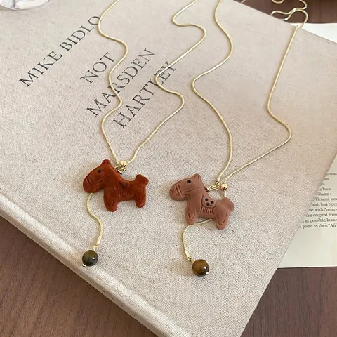 Collier Long Pendentif Cheval Oeil De Tigre Flocage Cuivre Chaîne Pull Pour Femmes Bijoux Automne Hiver