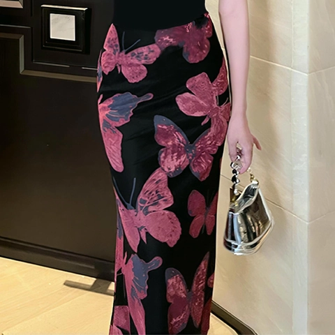 Damen Schmetterling Druck Netzrock Hohe Taille Schlanke Passform Elegant Maxi Fishtail Halbrock