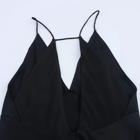 Eleganze Damen Satin Maxikleid Schwarz Tiefer V-Ausschnitt Spaghettiträger Abendkleid Sommer Ärmellos Rückenfrei Unterkleid