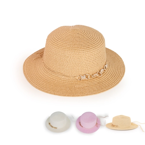 Cappello Di Paglia Da Donna Carta Intrecciata Tesa Larga Cima Piatta Con Catena Di Fiori In Lega Berretto Da Spiaggia